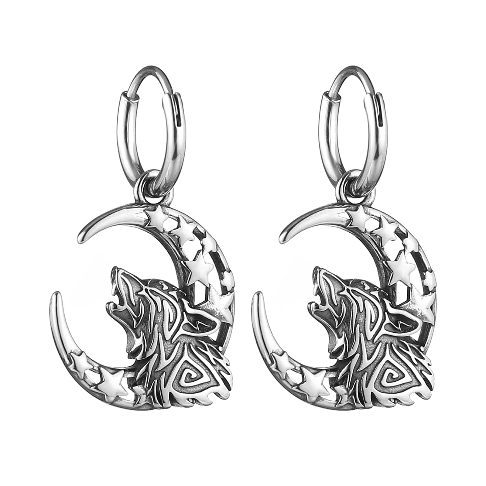 HZMAN Stainless Steel Gothic Punk Howling Wolf Moon Earrings for Men & Women