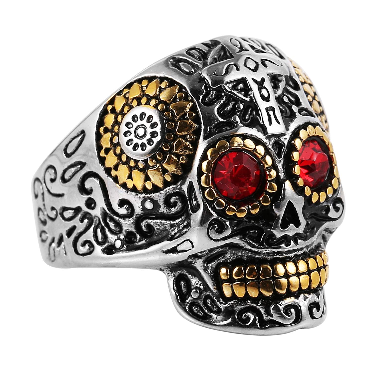HZMAN Sugar Skull Rings for Men Women, CZ Eyes Stainless Steel Gothic Cross Jewelry