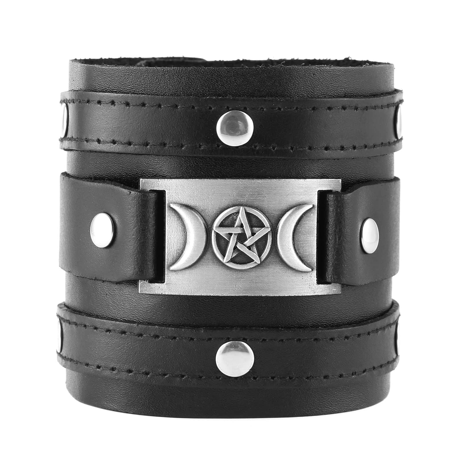 HZMAN Black Leather Viking Inspired Wide Cuff Bracelet for Men