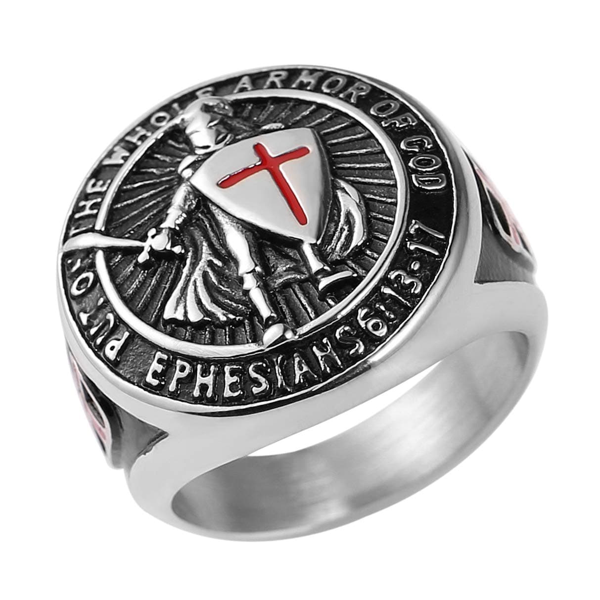 Knights Templar Men's Stainless Steel Ring with Red Cross Design