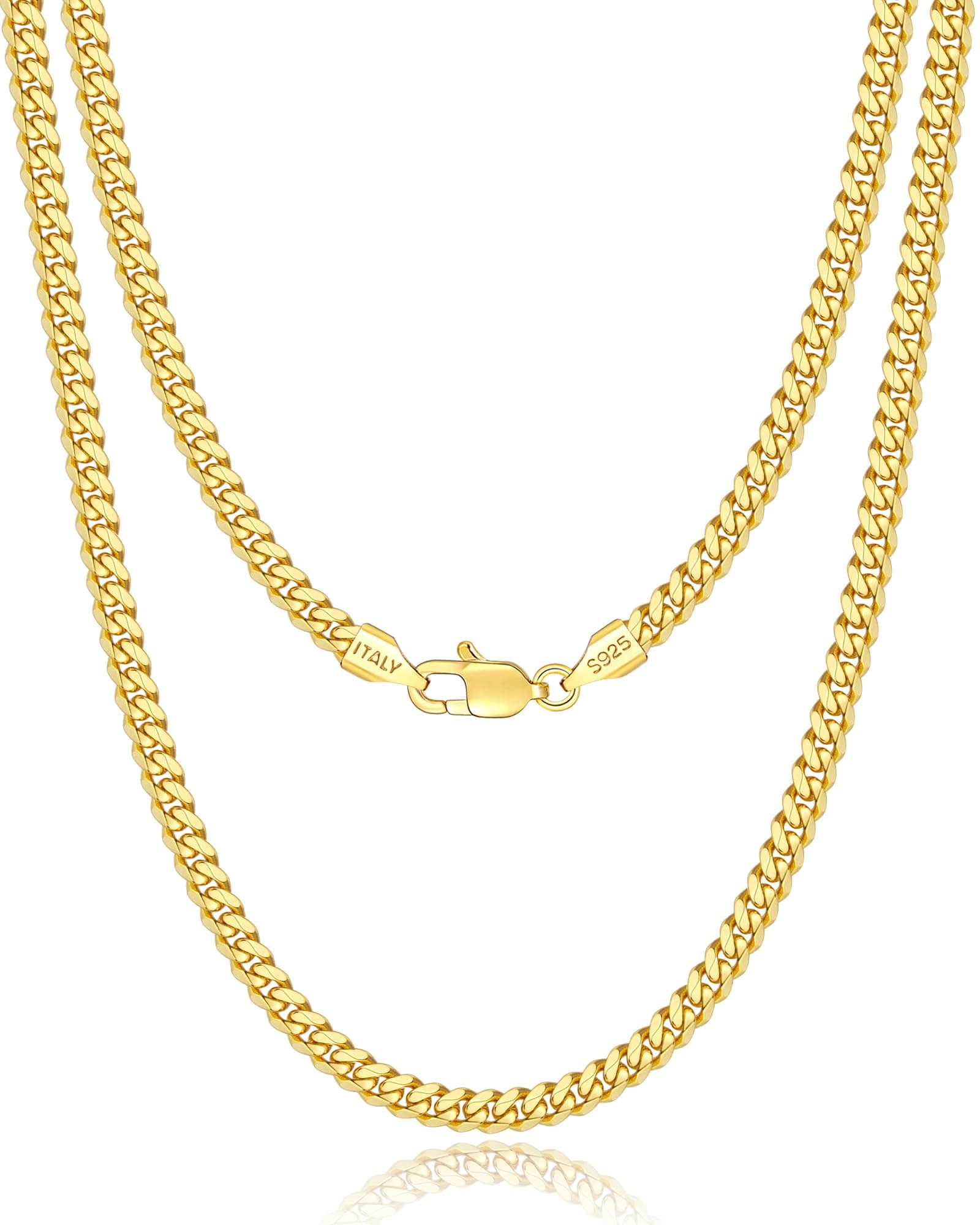 Eterjew Italian Solid 18k Gold Over 925 Sterling Silver Chain Necklace, 3.5mm Cuban Link, Sturdy & Shiny