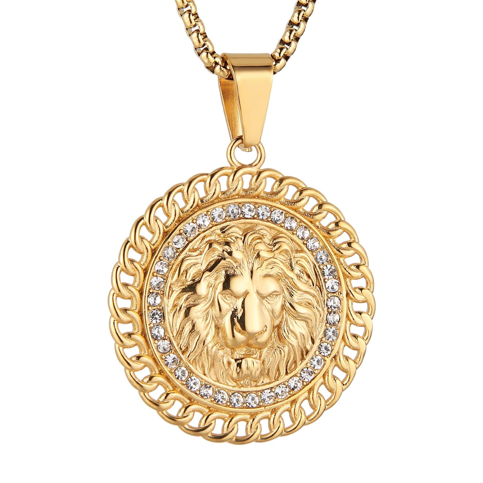 HZMAN 18K Gold Plated Lion Head Necklace for Men Stainless Steel Jewelry