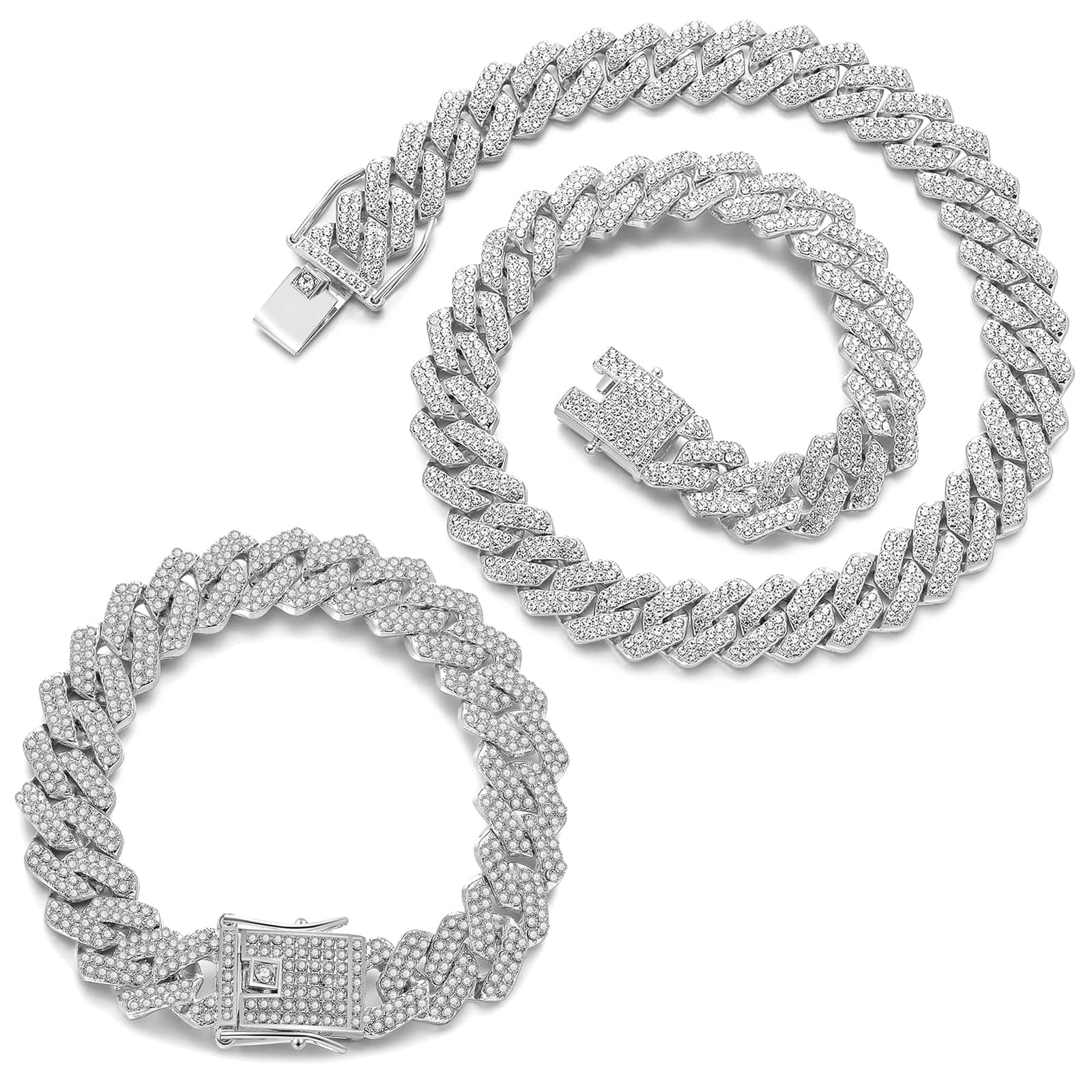 JUNVirtuous Men's & Women's Cuban Link Chain Necklace & Bracelet, Silver Bling Diamond Jewelry